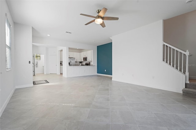 unfurnished living room with recessed lighting, stairway, a ceiling fan, light tile patterned flooring, and visible vents