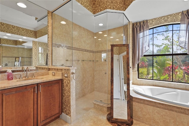 full bath featuring a healthy amount of sunlight, a stall shower, and vanity