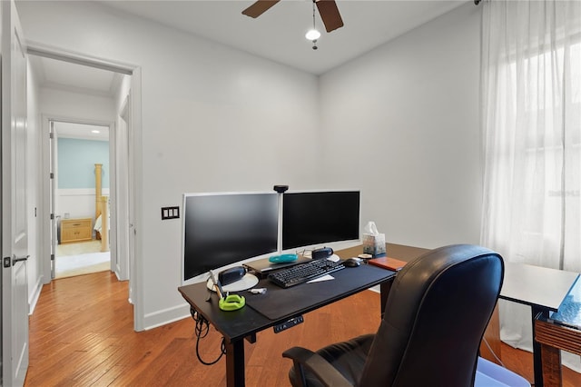 office featuring ceiling fan, baseboards, and wood finished floors