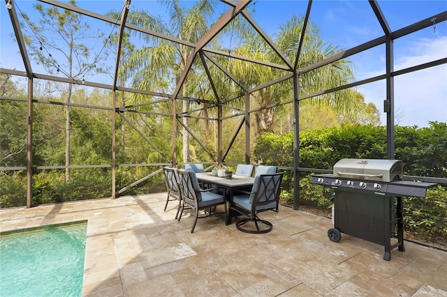 view of patio / terrace featuring glass enclosure, a grill, and an outdoor pool