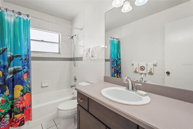 bathroom featuring toilet, vanity, tile patterned floors, tile walls, and shower / bathtub combination with curtain