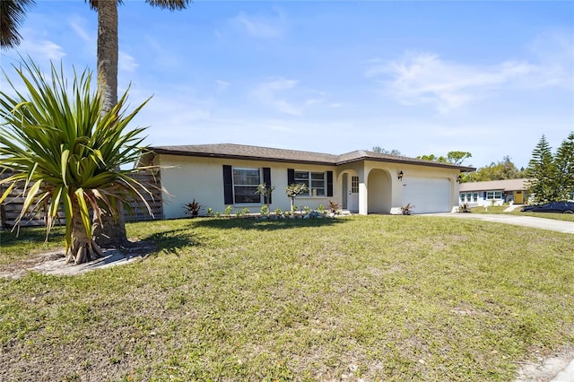 ranch-style house with stucco siding, concrete driveway, a front lawn, and a garage