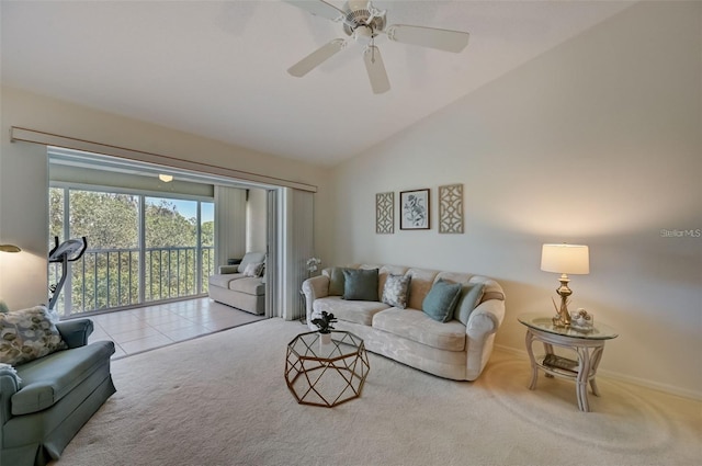 tiled living room with lofted ceiling, carpet, and a ceiling fan