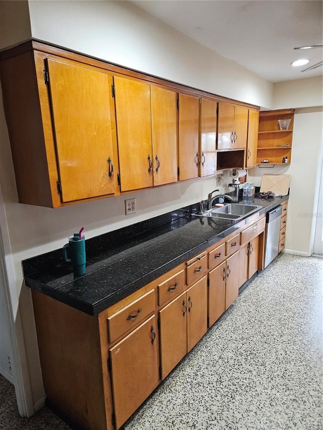 kitchen with tile countertops, a sink, stainless steel dishwasher, open shelves, and brown cabinetry