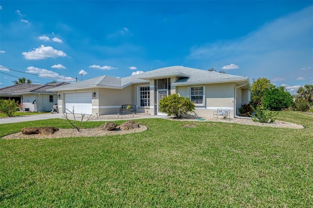 ranch-style house with an attached garage, driveway, a front lawn, and stucco siding