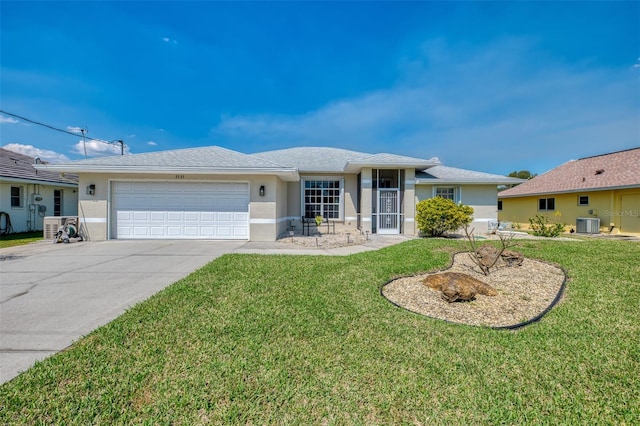 ranch-style home with a garage, a front yard, concrete driveway, and stucco siding