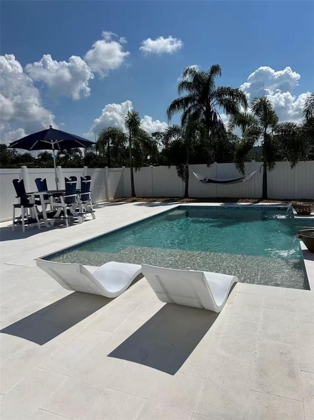 view of swimming pool featuring a patio area, a fenced backyard, and a fenced in pool