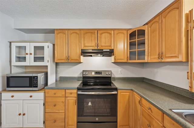 kitchen with dark countertops, under cabinet range hood, glass insert cabinets, and stainless steel appliances