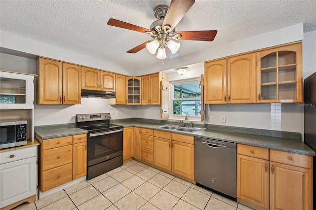 kitchen with under cabinet range hood, a sink, appliances with stainless steel finishes, dark countertops, and glass insert cabinets