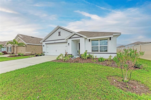 ranch-style house with a front yard, concrete driveway, fence, and stucco siding