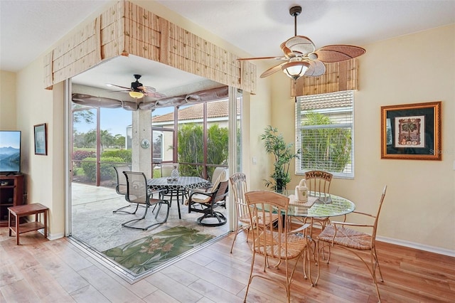 dining room featuring a healthy amount of sunlight, light wood finished floors, and ceiling fan