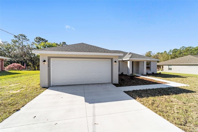 ranch-style house with a shingled roof, concrete driveway, an attached garage, a front lawn, and stucco siding