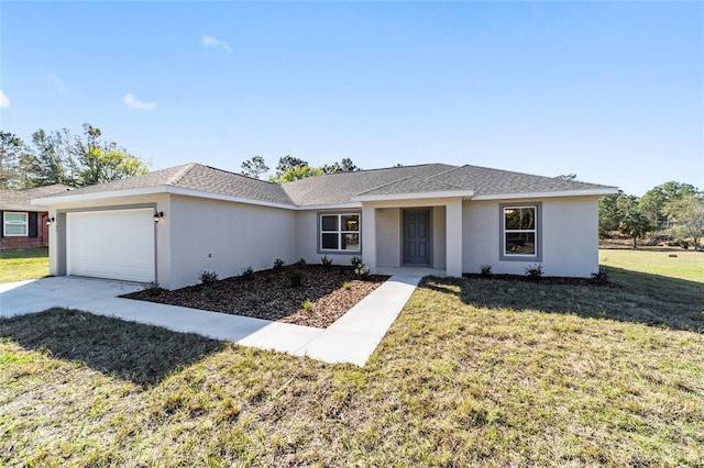 single story home with a front lawn, roof with shingles, an attached garage, and stucco siding