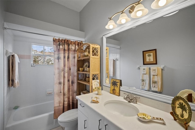 full bathroom featuring shower / bath combination with curtain, vanity, and toilet