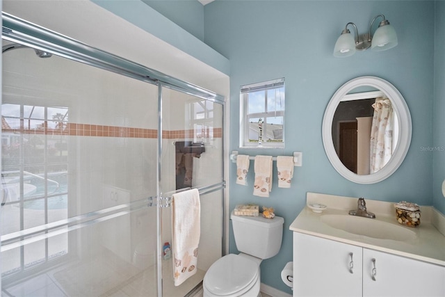 full bath with vanity, a shower stall, and toilet