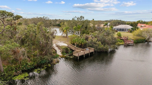 birds eye view of property featuring a water view