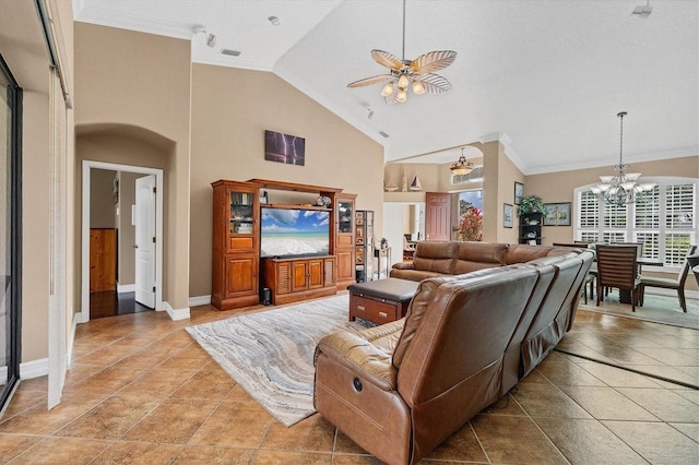 living room featuring high vaulted ceiling, tile patterned flooring, ceiling fan with notable chandelier, visible vents, and ornamental molding