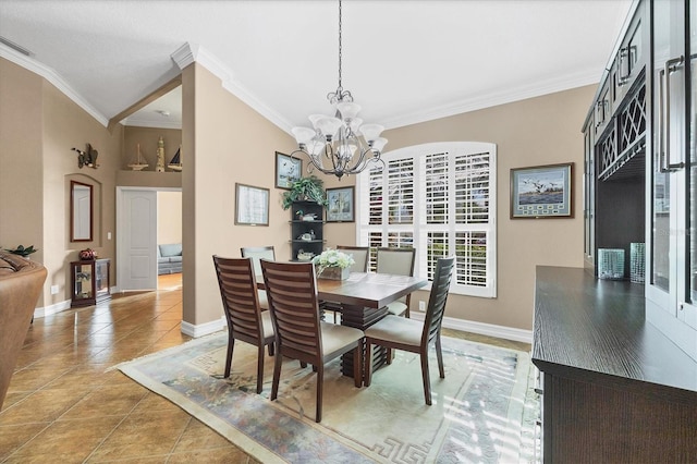 tiled dining area featuring a notable chandelier, crown molding, visible vents, and baseboards