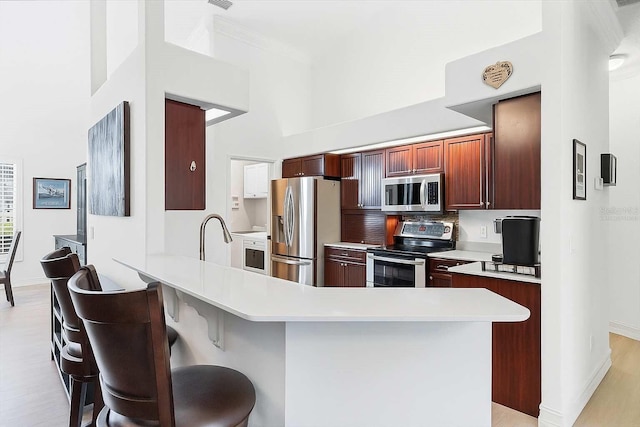 6211 90th Avenue Cir E, Parrish, FL 34219 - kitchen featuring stainless steel appliances, a peninsula, light countertops, a kitchen breakfast bar, and light wood-style flooring