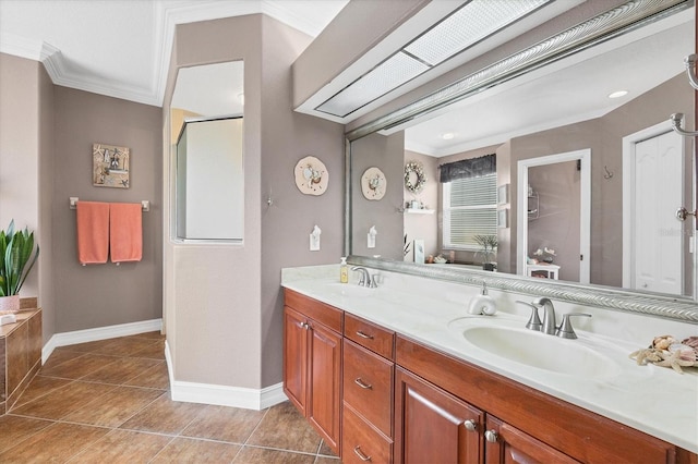 6211 90th Avenue Cir E, Parrish, FL 34219 - bathroom featuring double vanity, ornamental molding, a stall shower, and tile patterned flooring