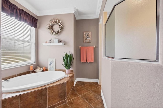 6211 90th Avenue Cir E, Parrish, FL 34219 - full bathroom with ornamental molding, a garden tub, tile patterned floors, and a shower with door