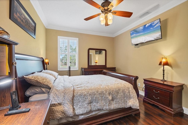 6211 90th Avenue Cir E, Parrish, FL 34219 - bedroom featuring crown molding, dark wood-style floors, and ceiling fan