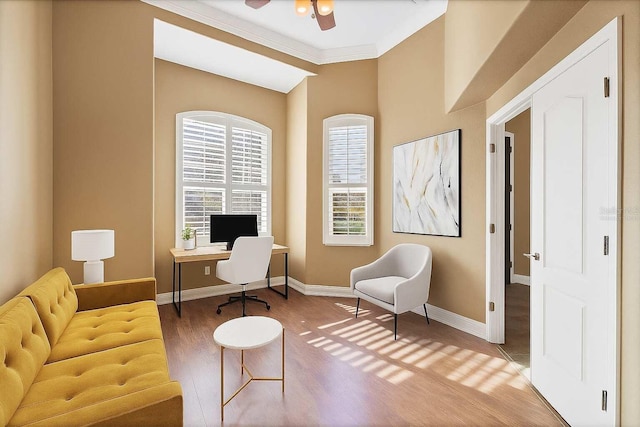 6211 90th Avenue Cir E, Parrish, FL 34219 - office featuring wood finished floors, ornamental molding, and a ceiling fan