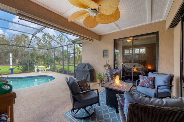 6211 90th Avenue Cir E, Parrish, FL 34219 - outdoor pool featuring a patio area, an outdoor living space with a fire pit, grilling area, and a lanai