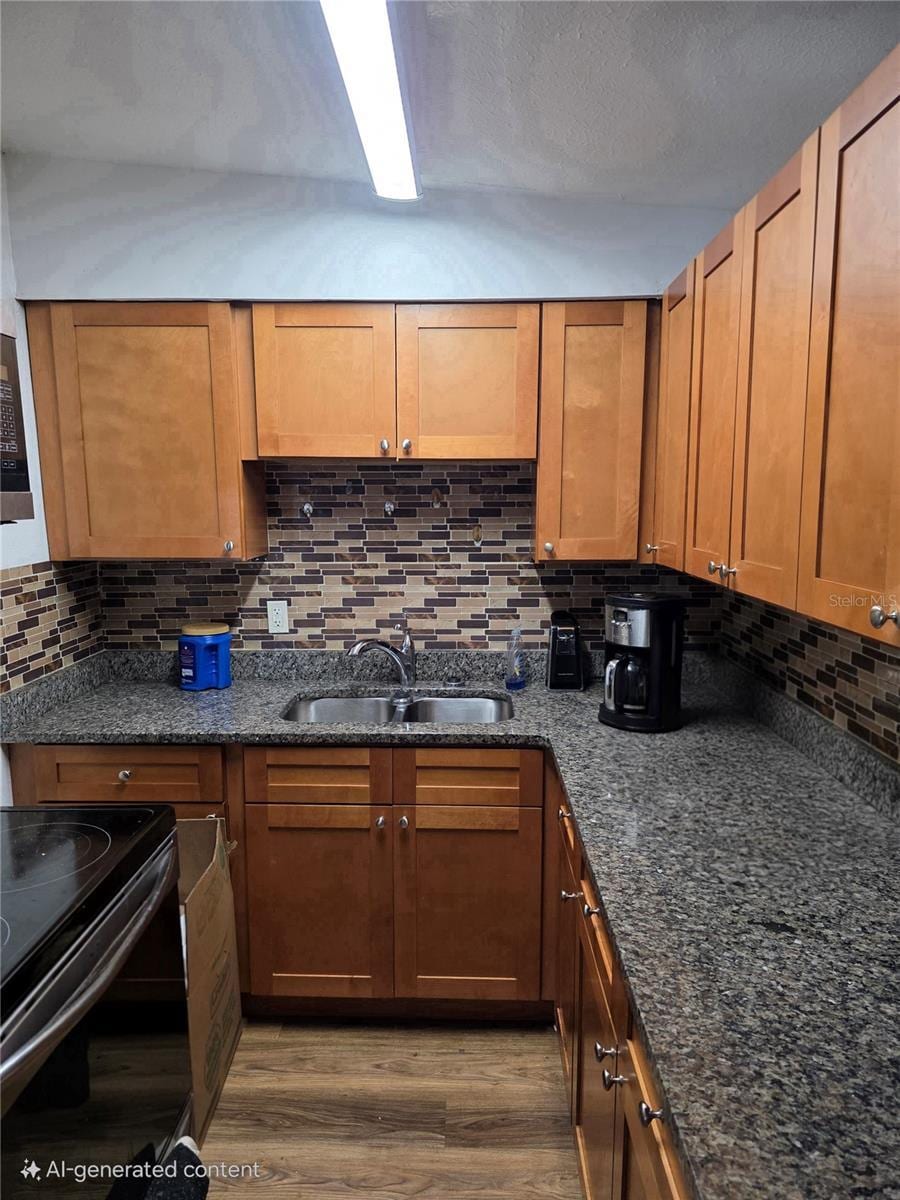 kitchen featuring decorative backsplash, wood finished floors, dark stone counters, and a sink