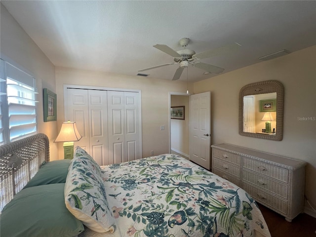 bedroom with visible vents, a closet, and a ceiling fan