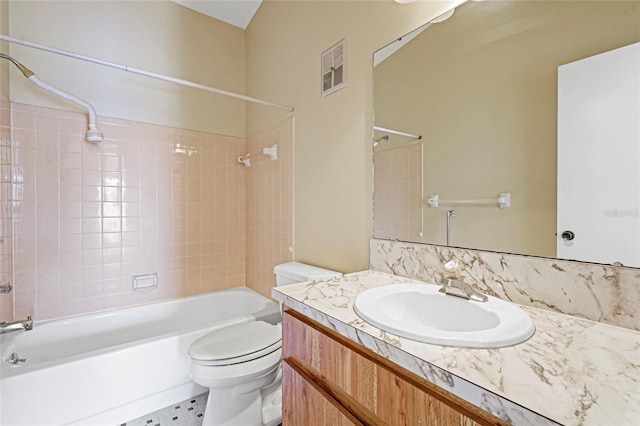 bathroom featuring  shower combination, visible vents, toilet, and vanity