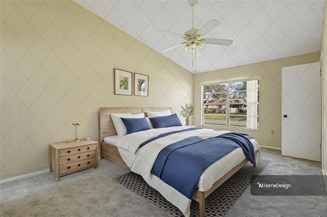 bedroom featuring baseboards, a ceiling fan, and light colored carpet