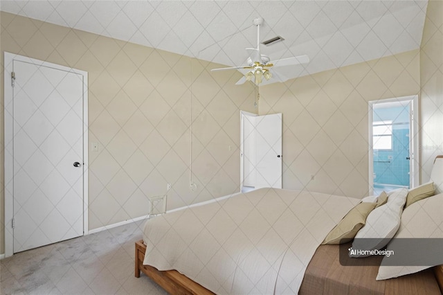 bedroom featuring ceiling fan, tile patterned flooring, and visible vents