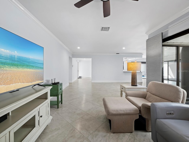 living room with baseboards, visible vents, ornamental molding, light tile patterned flooring, and recessed lighting