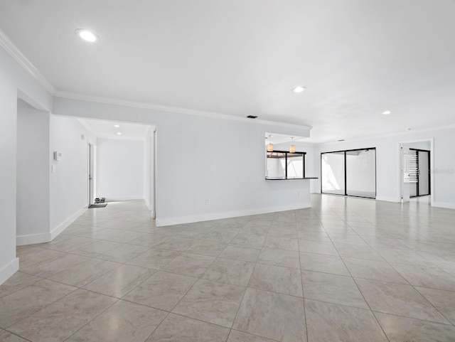 empty room with light tile patterned floors, ornamental molding, recessed lighting, and baseboards