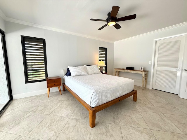 bedroom featuring light tile patterned floors, ornamental molding, multiple windows, and baseboards