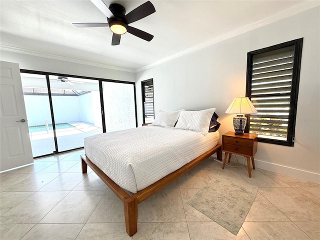 bedroom featuring ceiling fan, light tile patterned flooring, baseboards, access to outside, and crown molding