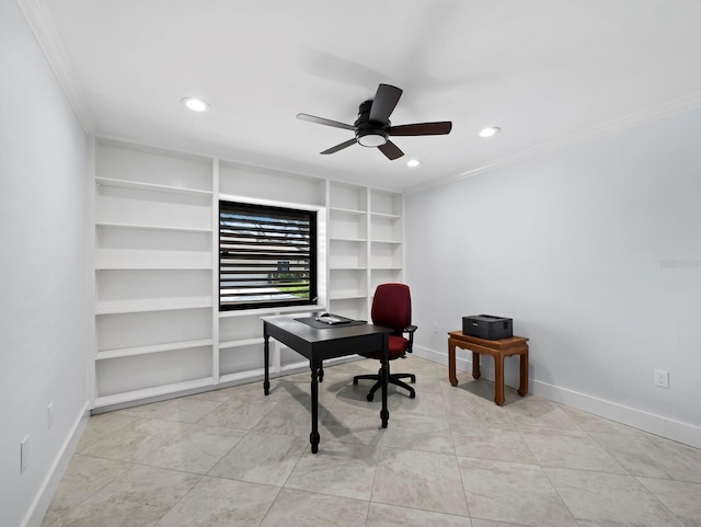 office featuring recessed lighting, crown molding, and baseboards