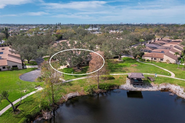 drone / aerial view featuring a water view