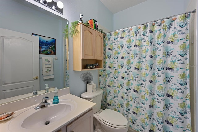 bathroom with toilet, a shower with curtain, and vanity