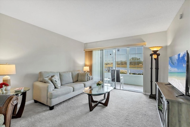 carpeted living area with baseboards