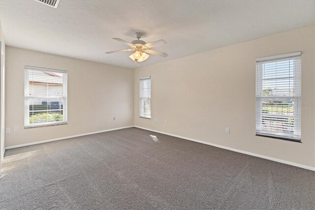 spare room with plenty of natural light, baseboards, and dark colored carpet