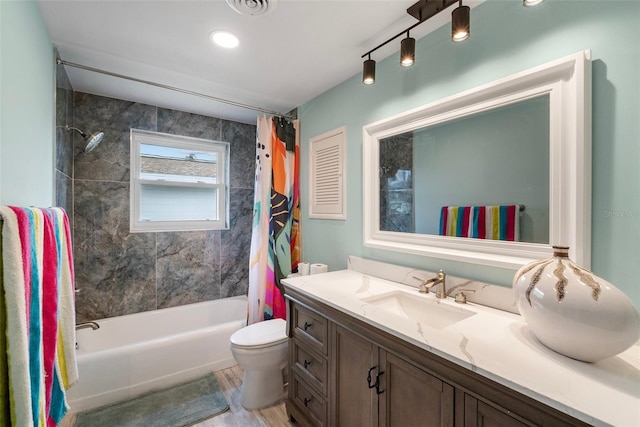 full bathroom with visible vents, shower / bathtub combination with curtain, toilet, and vanity