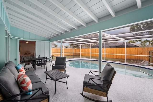 view of swimming pool with a fenced in pool, glass enclosure, a patio area, and a fenced backyard