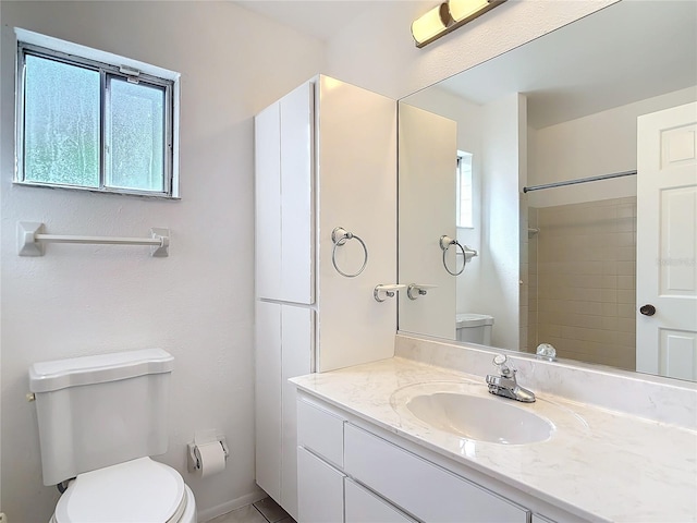 full bathroom featuring toilet, a shower, and vanity