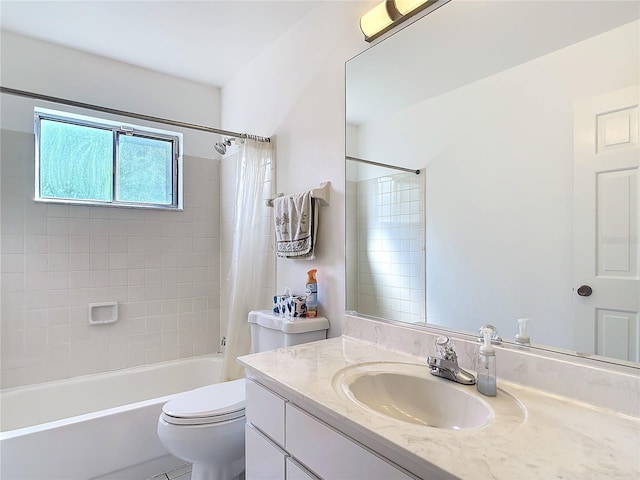 bathroom featuring toilet, vanity, and shower / bathtub combination with curtain