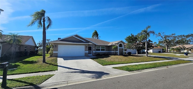 ranch-style home featuring a garage, a front yard, a residential view, and driveway