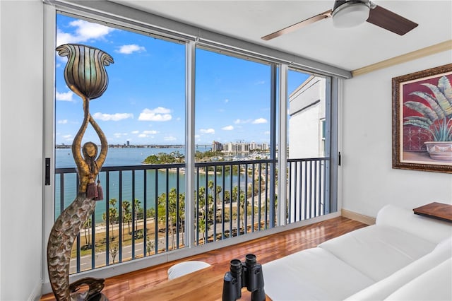 sunroom / solarium with a water view, a healthy amount of sunlight, and a ceiling fan