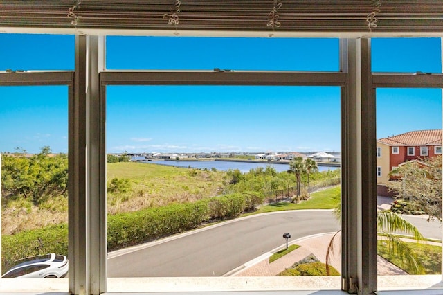 interior space featuring a water view