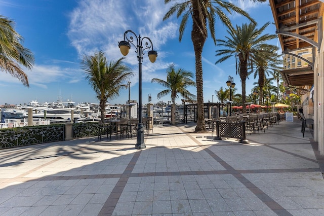 view of patio featuring a dock